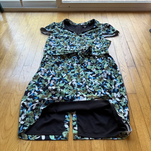 Badgley Mischka Size 22 Blue Green Floral Lace Trim Sleeve Collared Sheath Dress - Picture 9 of 16